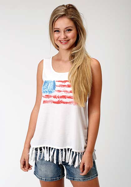 White fringe Roper Tank top with Feathery Flag