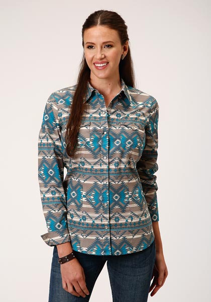 Ladies Khaki Aztec Horizontal Western Shirt Print