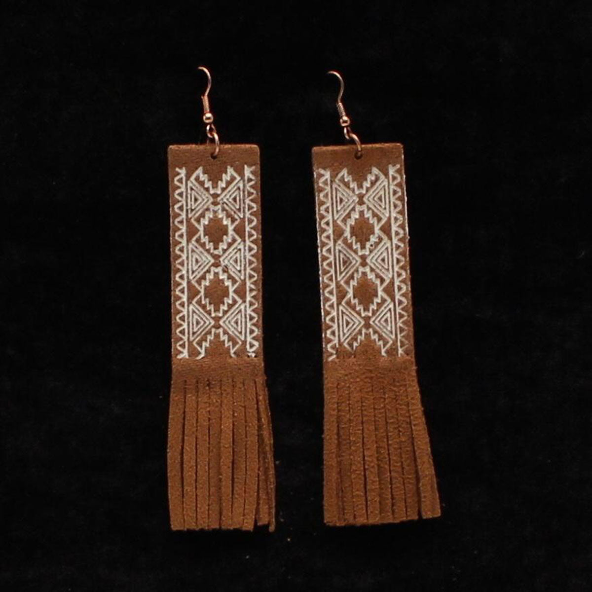 Brown Leather Fringe with White Stamp Earrings