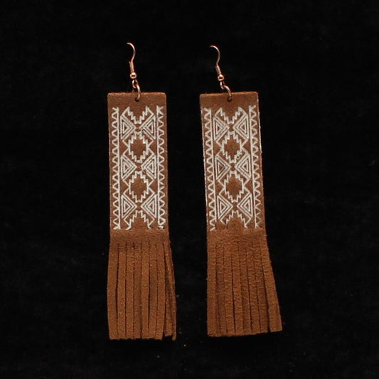 Brown Leather Fringe with White Stamp Earrings