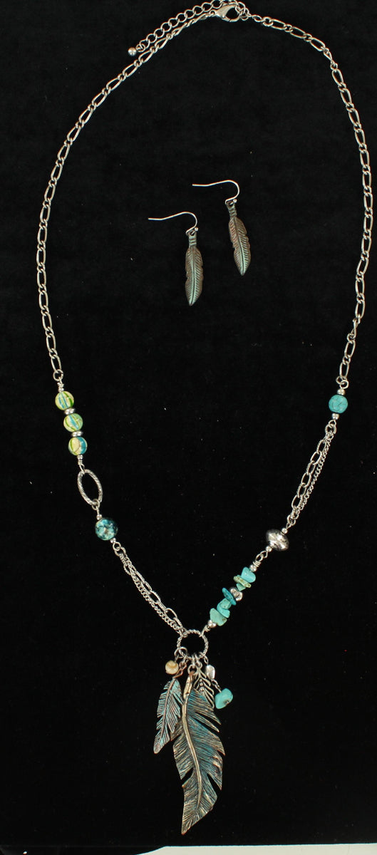 Beaded Feather Earring & Necklace Set