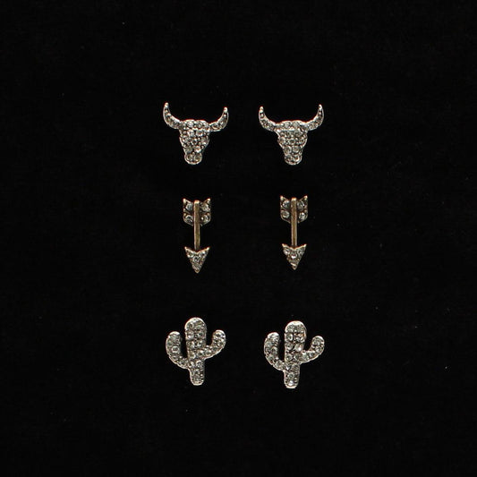 3pc Earring Set Steer/Arrow/Cactus with rhinestones